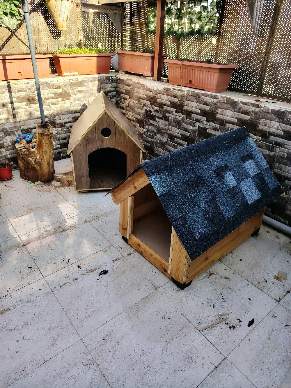 wooden house for dogs different types and sizes isolated from water and warm