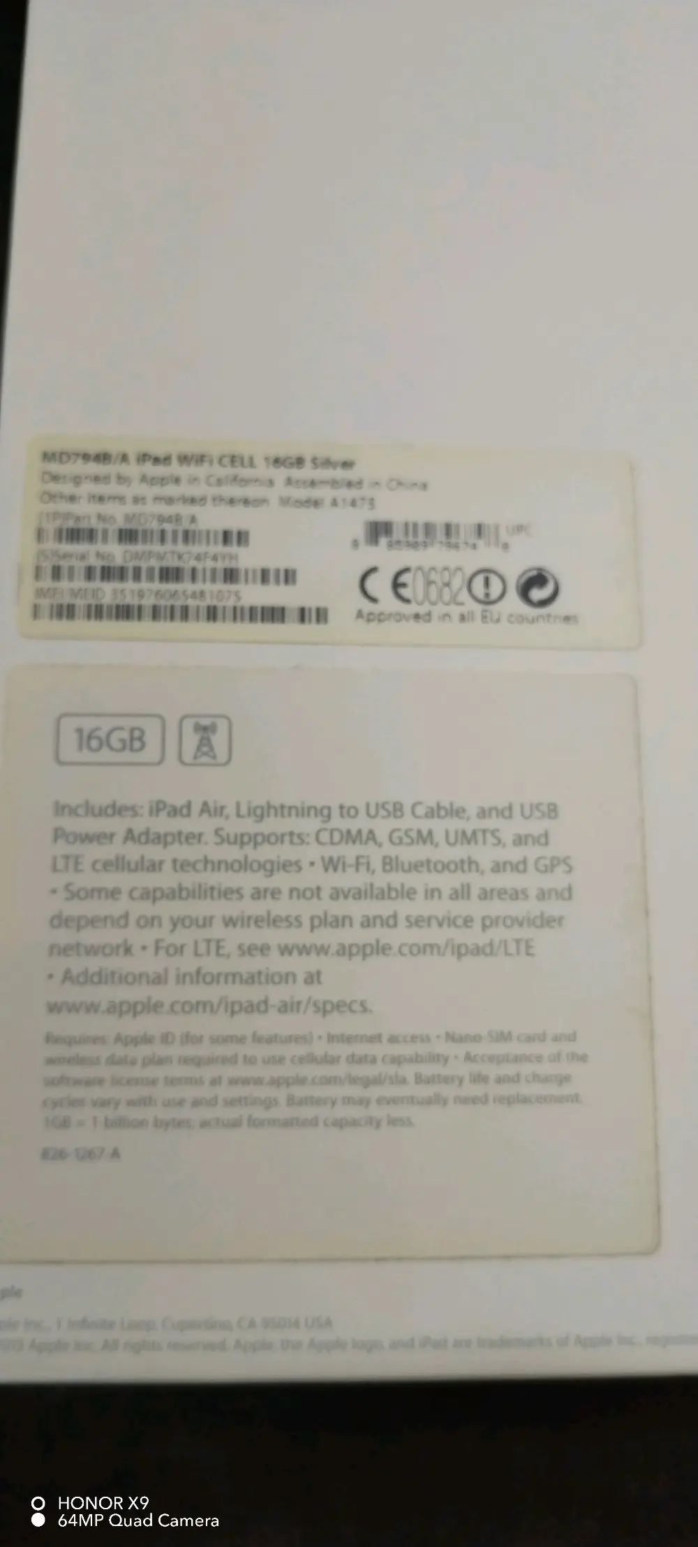 iPad Air1 WIFI-CELL 16GB Silver like new